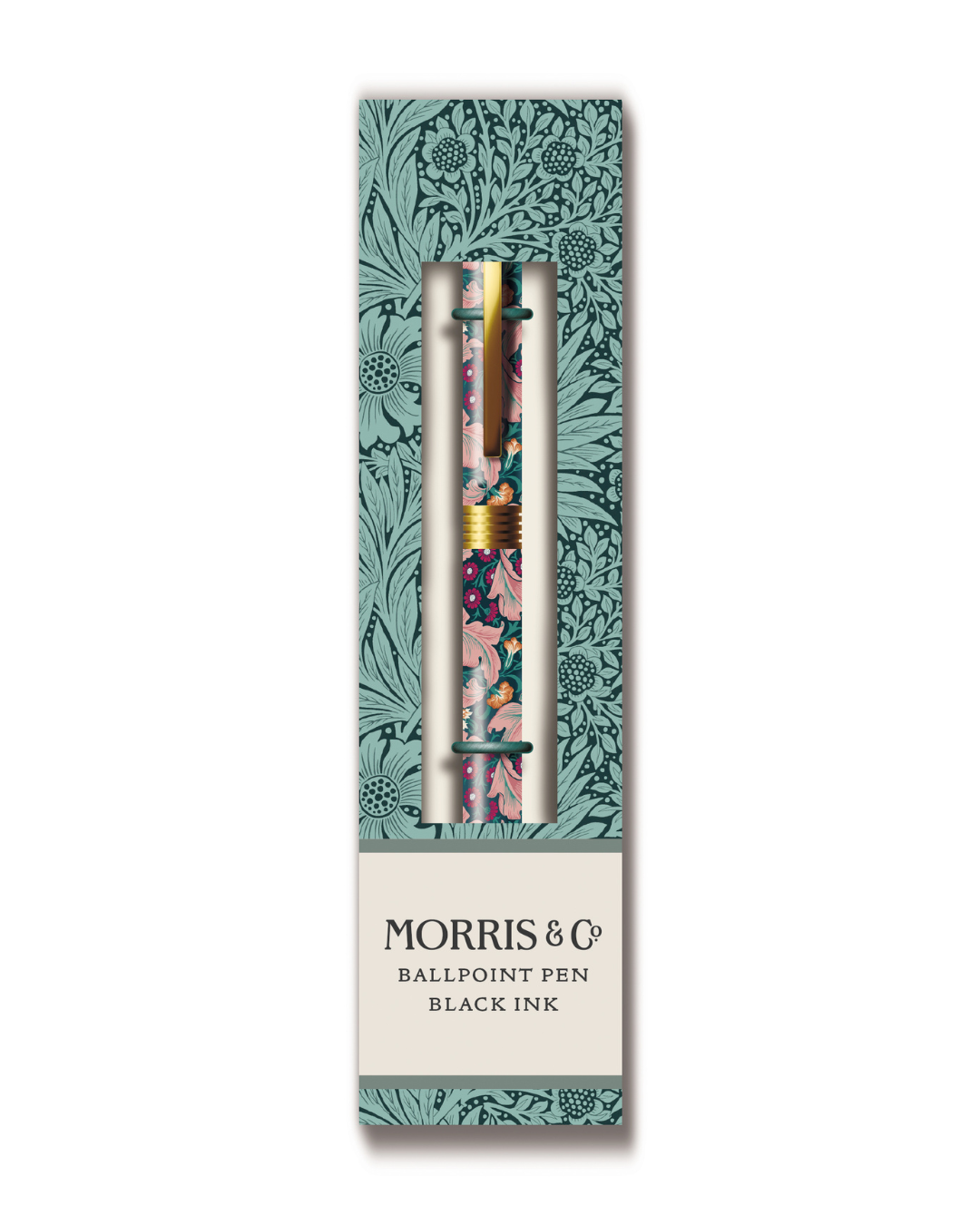 William Morris refillable ball point gift pen, pink and green