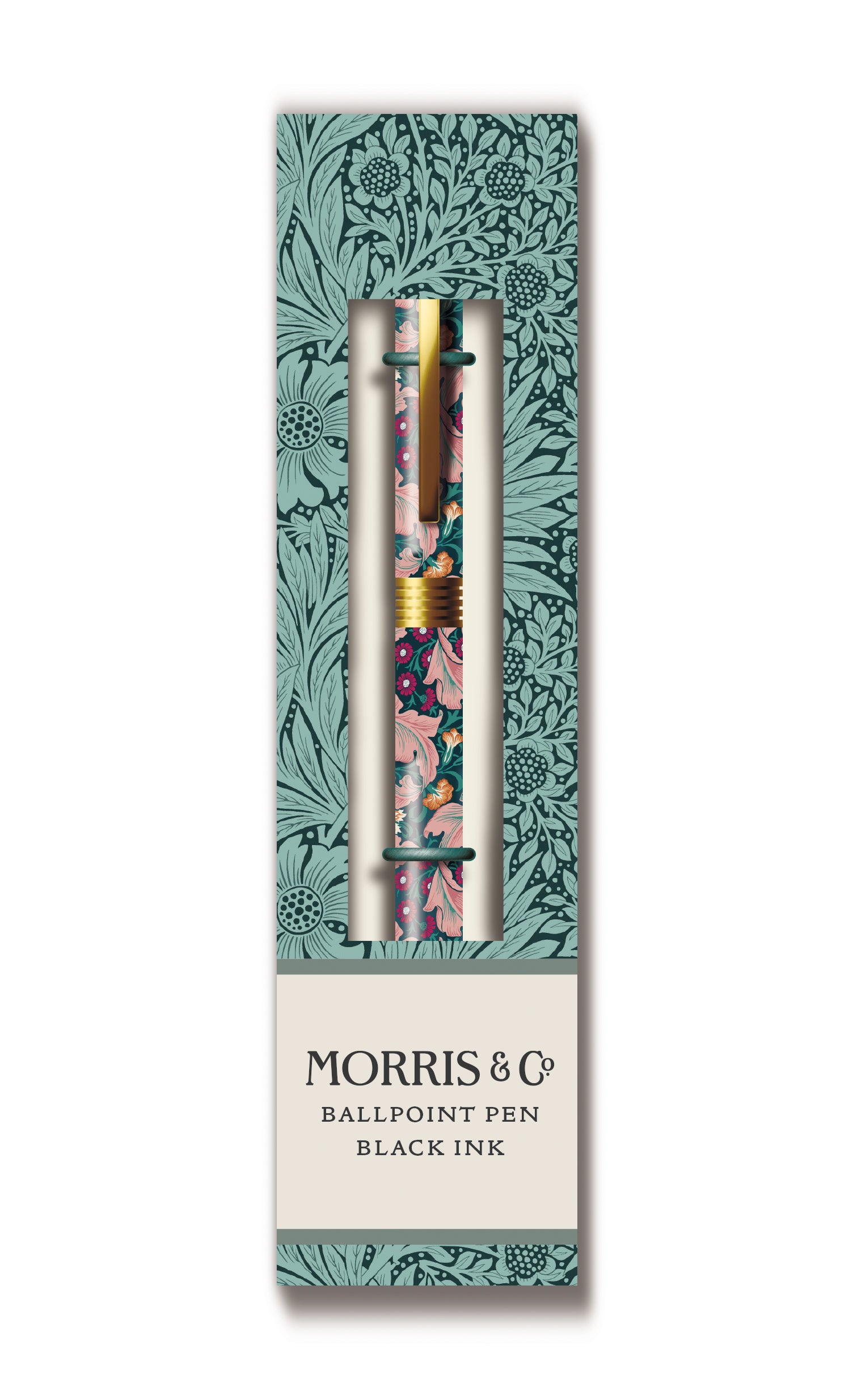 William Morris refillable ball point gift pen, pink and green