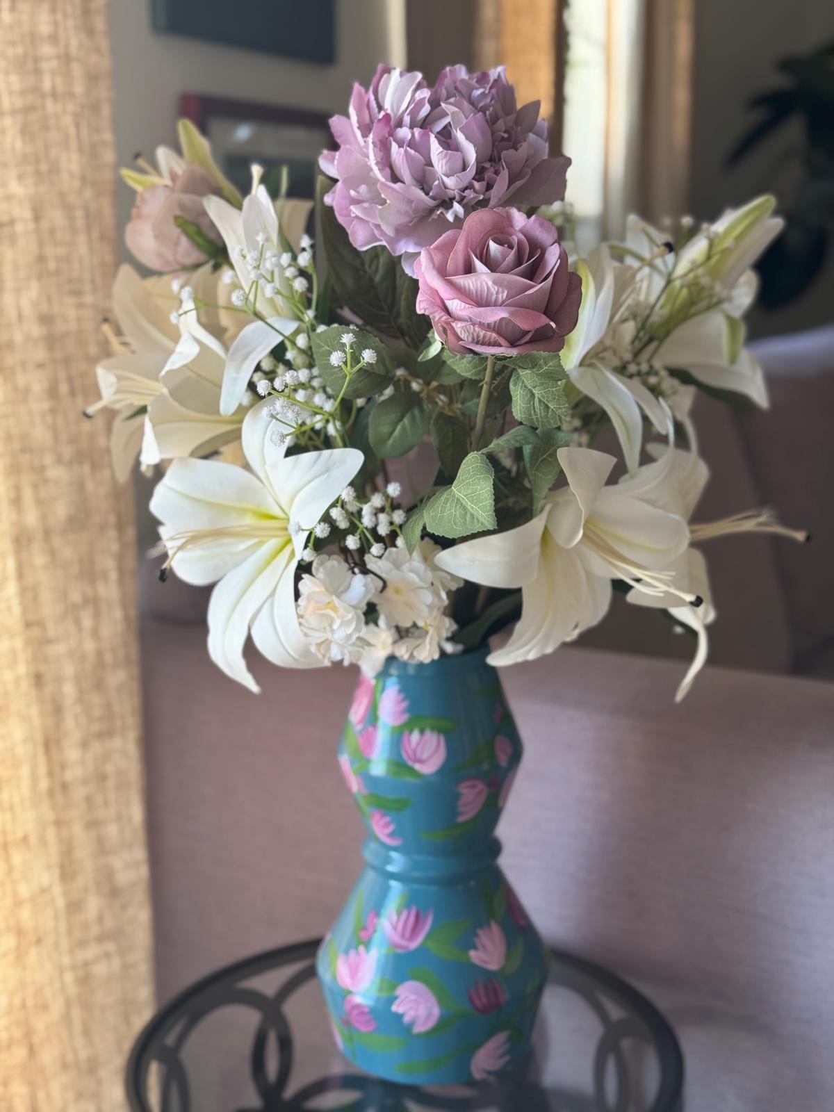 Blue floral vase + flowers